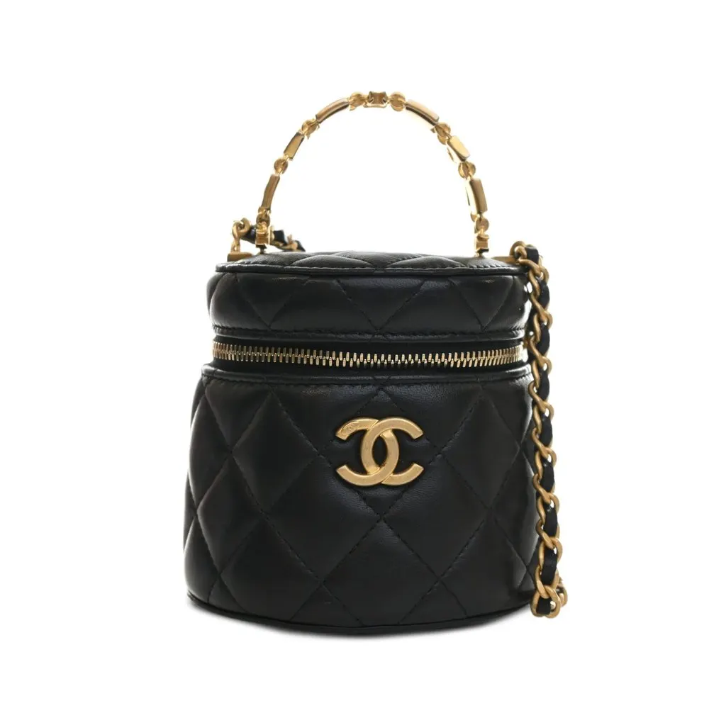 Chanel CC Lambskin Vanity Top Handle With Chain Black Leather Good - Front View