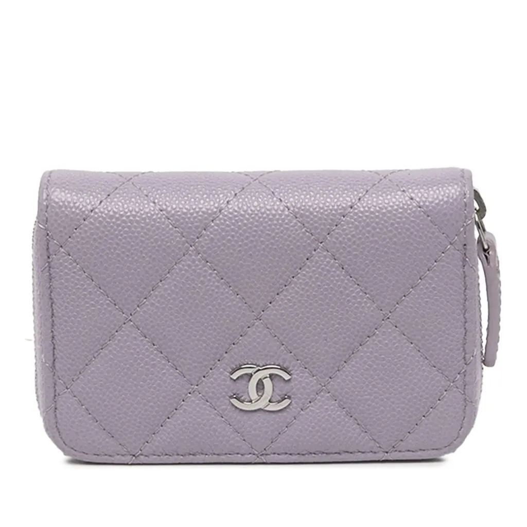 Chanel CC Quilted Caviar Compact Zip Coin Pouch Purple Leather Very good - Front View