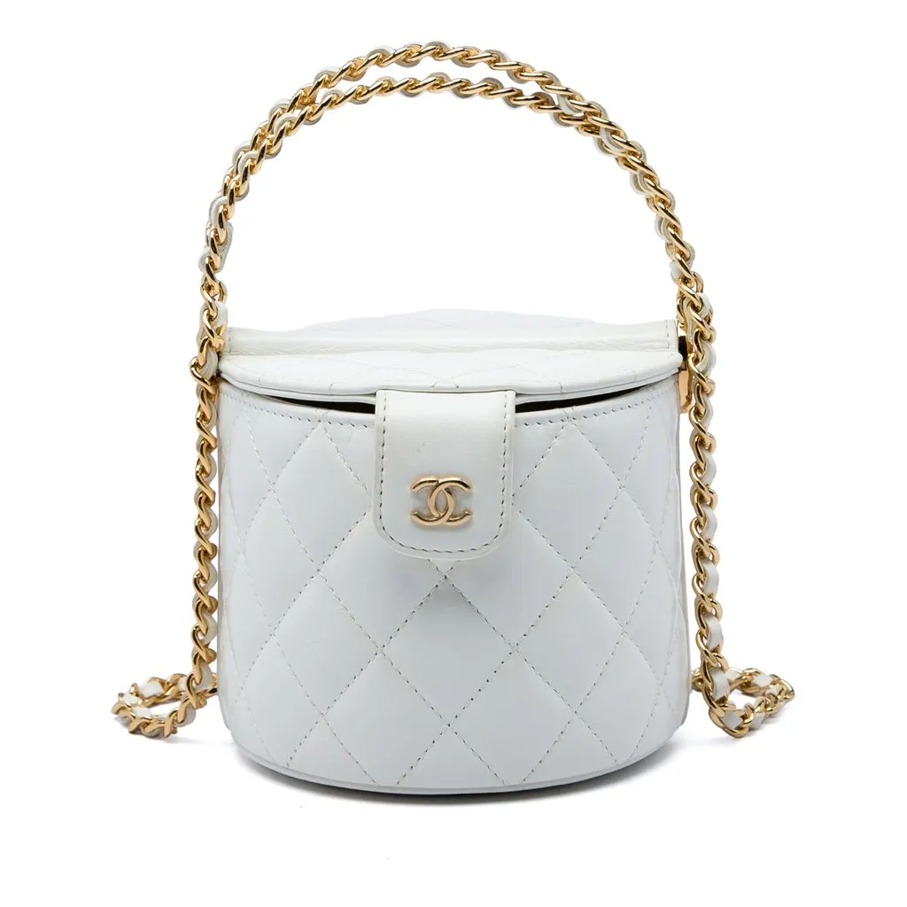 Chanel CC Quilted Lambskin Top Handle Round Vanity Case with Chain White Leather Very good - Front View