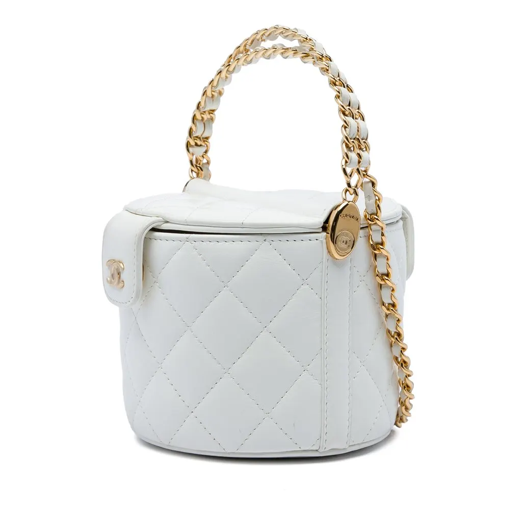 Chanel CC Quilted Lambskin Top Handle Round Vanity Case with Chain White Leather Very good - Back View