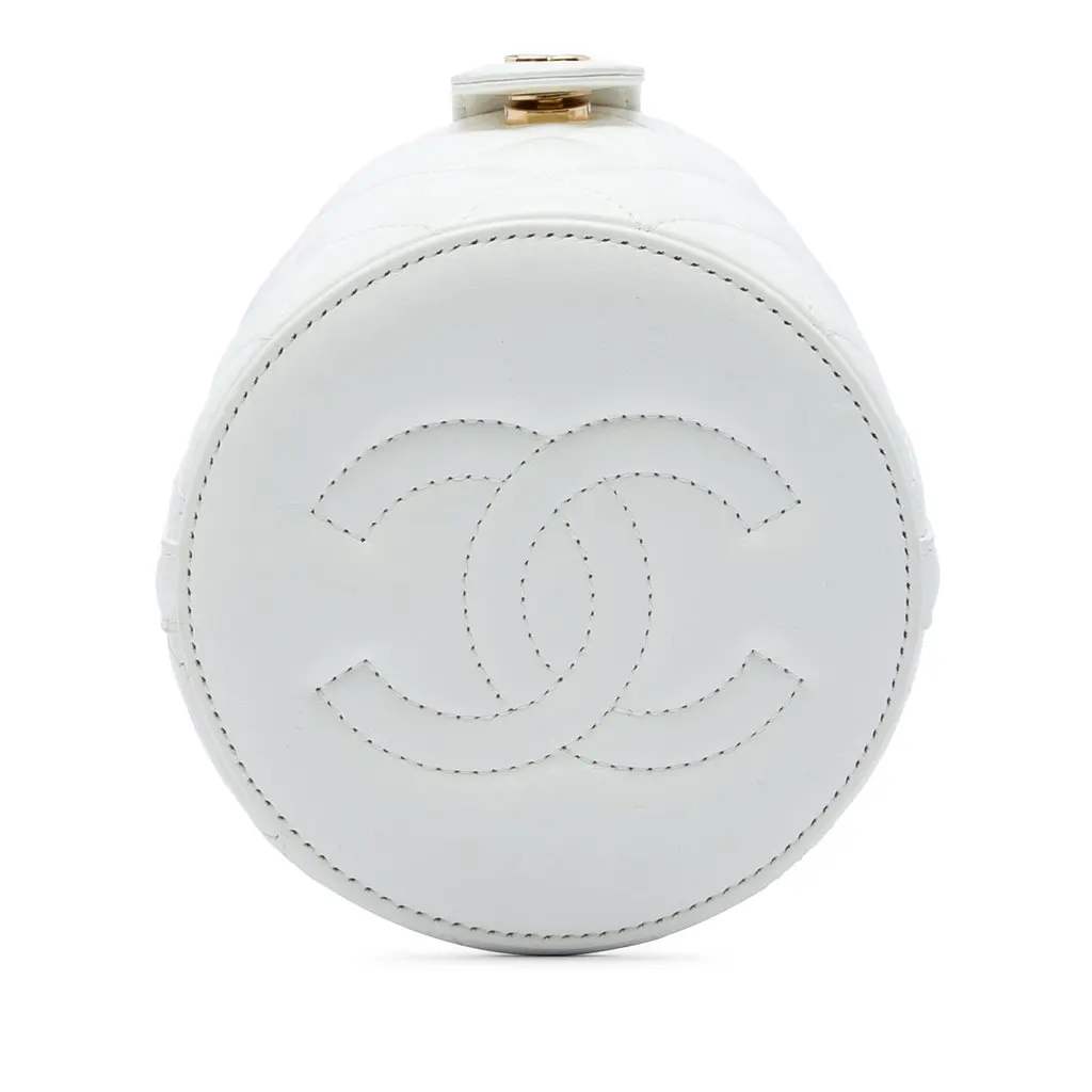 Chanel CC Quilted Lambskin Top Handle Round Vanity Case with Chain White Leather Very good - Inside View