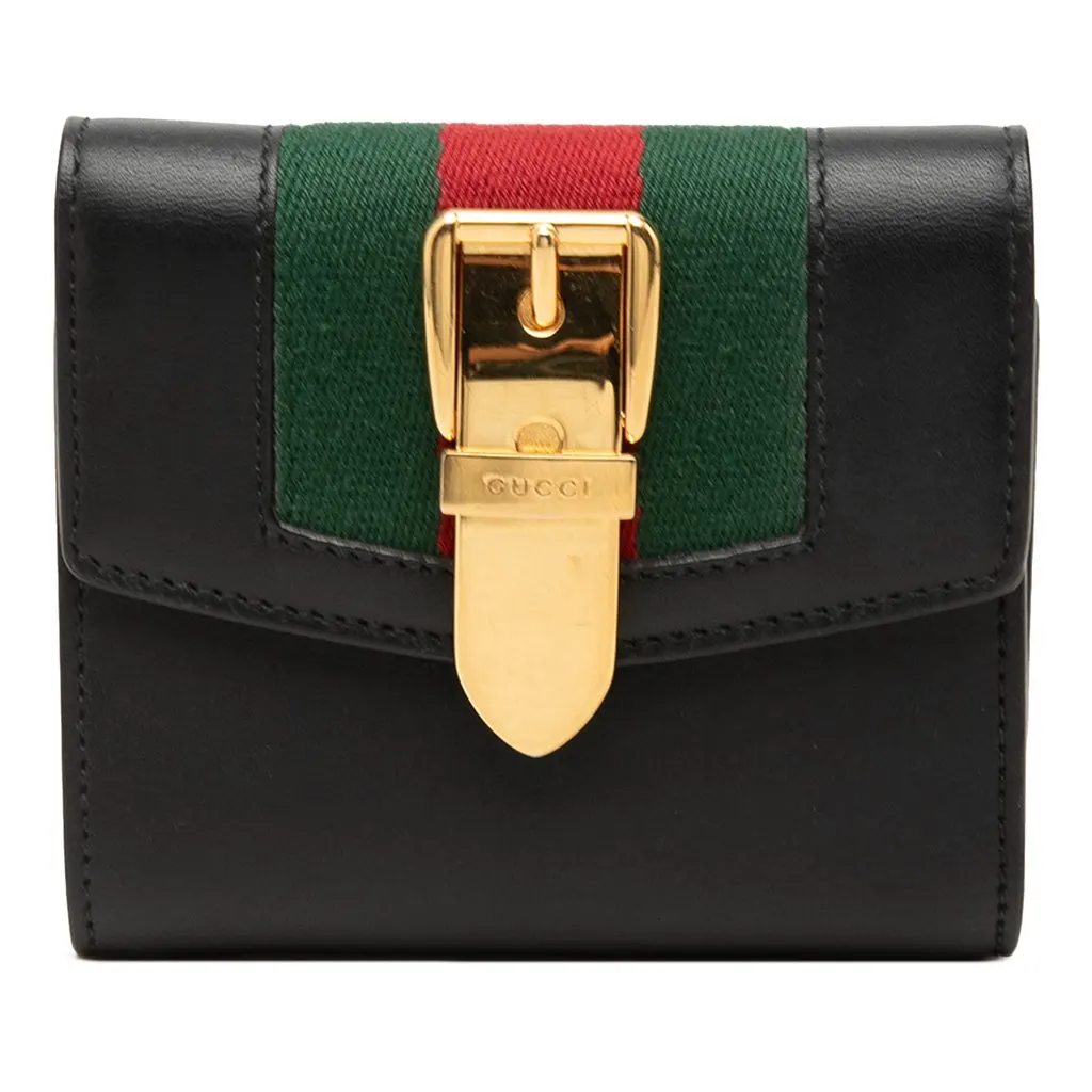 Gucci Calfskin Web Sylvie Trifold Small Wallet Black Leather Very good - Front View