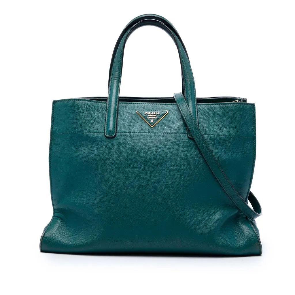 Prada Saffiano Soft Triple Pocket Tote Blue Leather Good - Front View