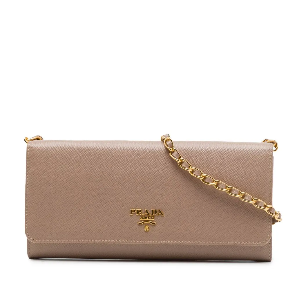 Prada Saffiano Wallet on Chain Brown Leather Very good - Front View
