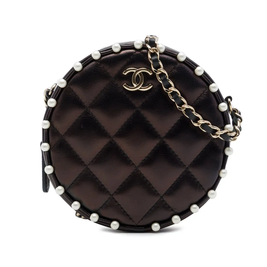 Chanel CC Quilted Metallic Lambskin Pearl Studded Round Clutch with Chain Brown Leather Very good - Front View