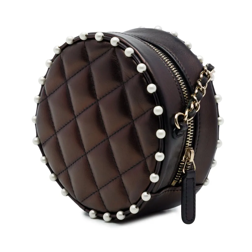 Chanel CC Quilted Metallic Lambskin Pearl Studded Round Clutch with Chain Brown Leather Very good - Back View