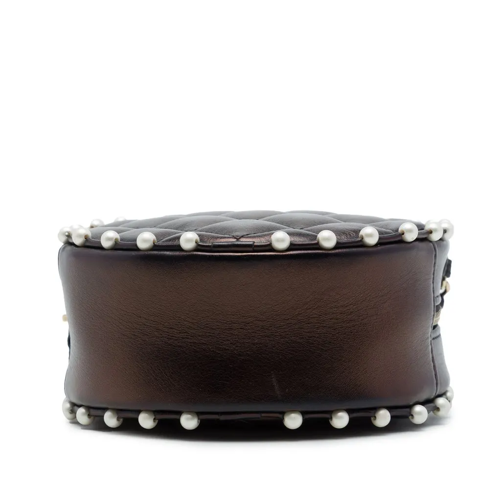Chanel CC Quilted Metallic Lambskin Pearl Studded Round Clutch with Chain Brown Leather Very good - Inside View