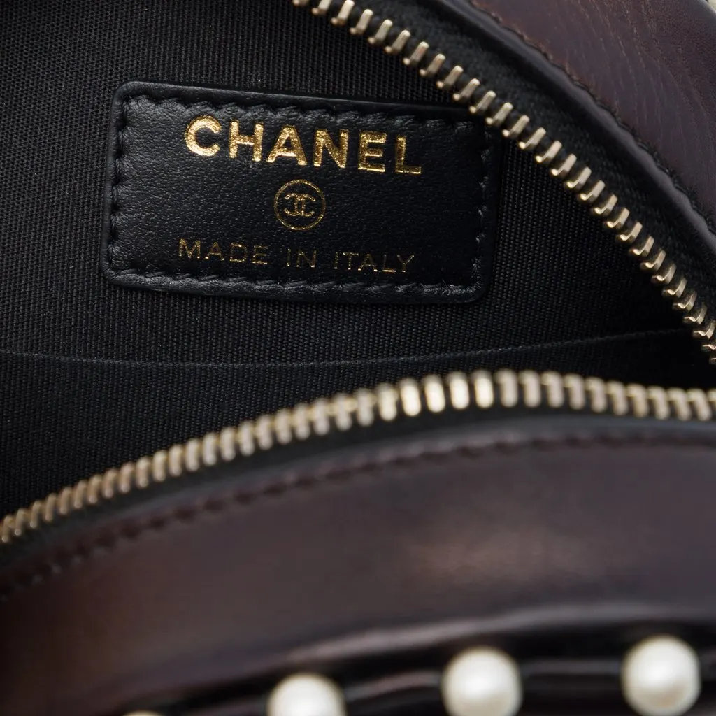 Chanel CC Quilted Metallic Lambskin Pearl Studded Round Clutch with Chain Brown Leather Very good - Box View