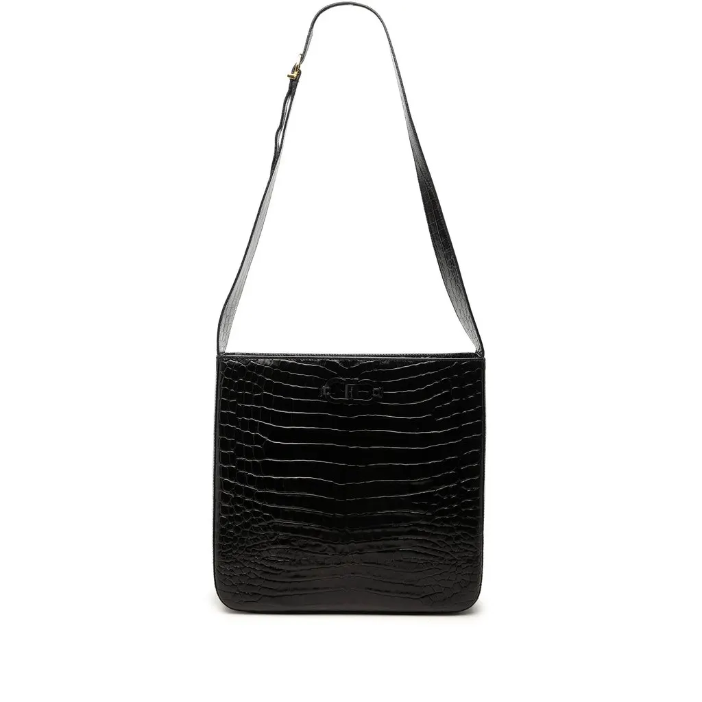 Salvatore Ferragamo Croc Embossed Leather Double Gancini Crossbody Black Leather Very good - Front View