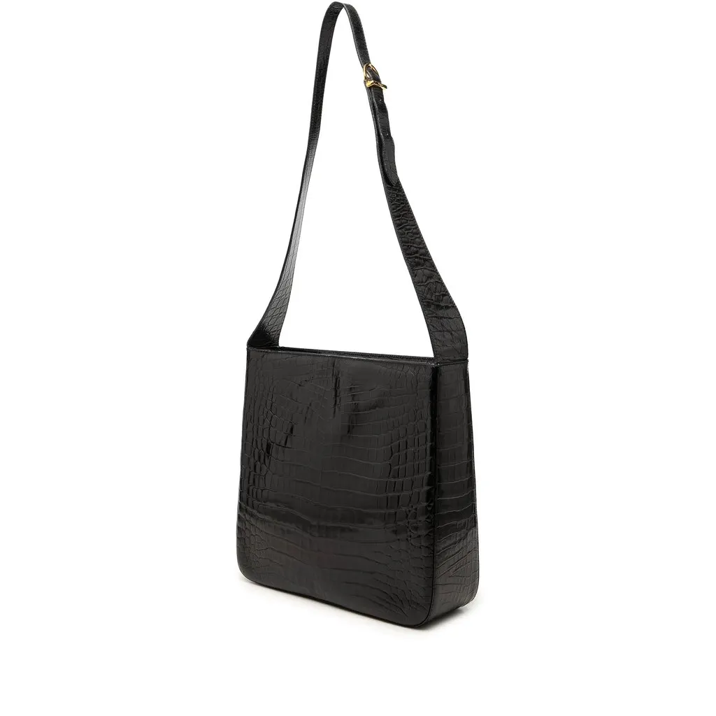 Salvatore Ferragamo Croc Embossed Leather Double Gancini Crossbody Black Leather Very good - Back View