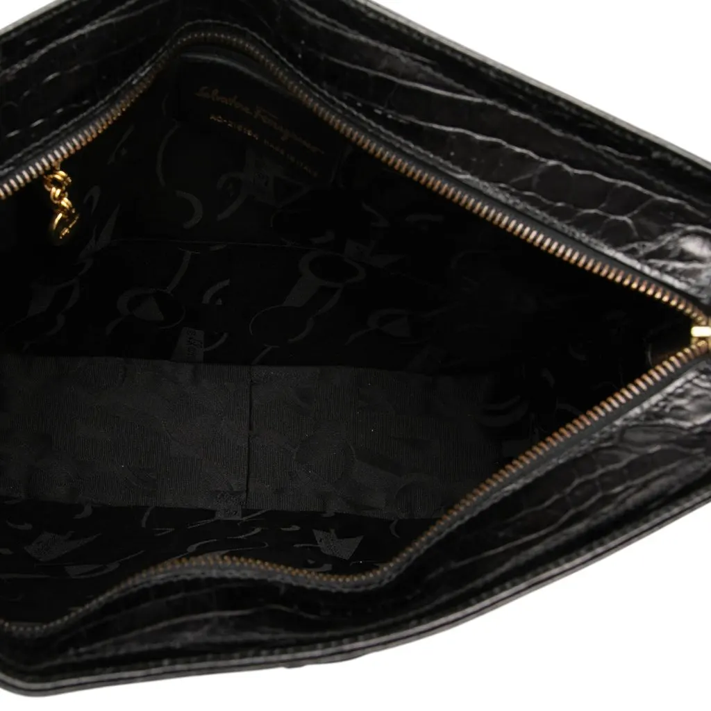 Salvatore Ferragamo Croc Embossed Leather Double Gancini Crossbody Black Leather Very good - Model View