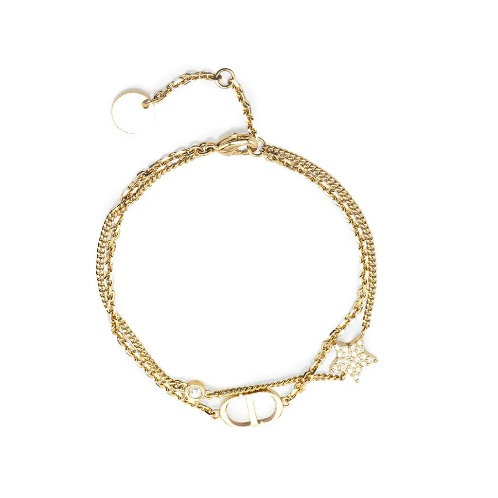 Dior Petit Gold Plated CD Star Charm Double Chain Bracelet Gold Metal Very good - Front View