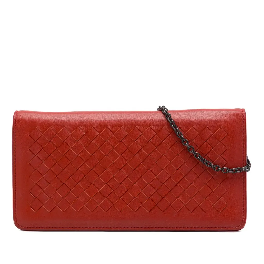 Bottega Veneta Nappa Intrecciato Continental Wallet on Chain Orange Leather Very good - Front View