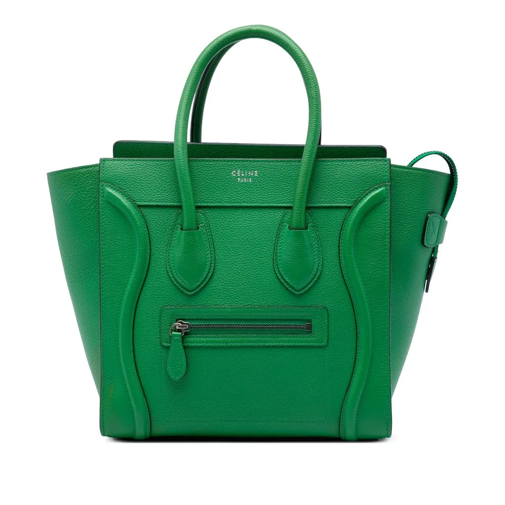 Celine Micro Drummed Calfskin Luggage Tote Green Leather Very good - Front View