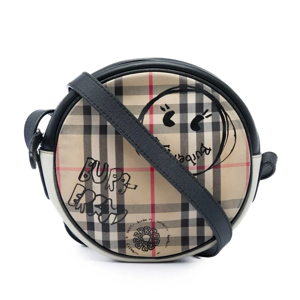 Burberry House Check Canvas and Calfskin Cartoon Print Round Crossbody Beige Canvas Very good - Front View