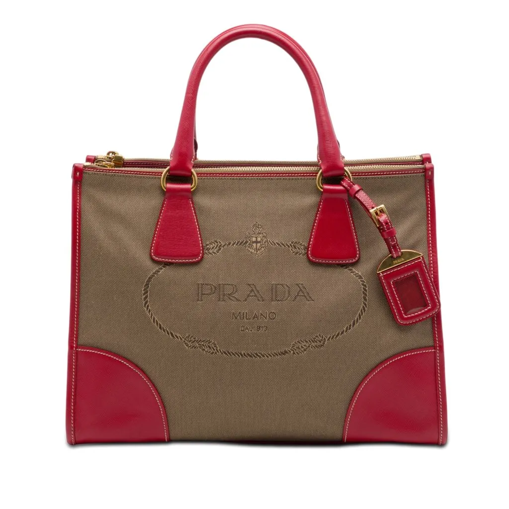 Prada Saffiano Trimmed Canvas Canapa Logo Double Zip Satchel Brown Very good - Front View