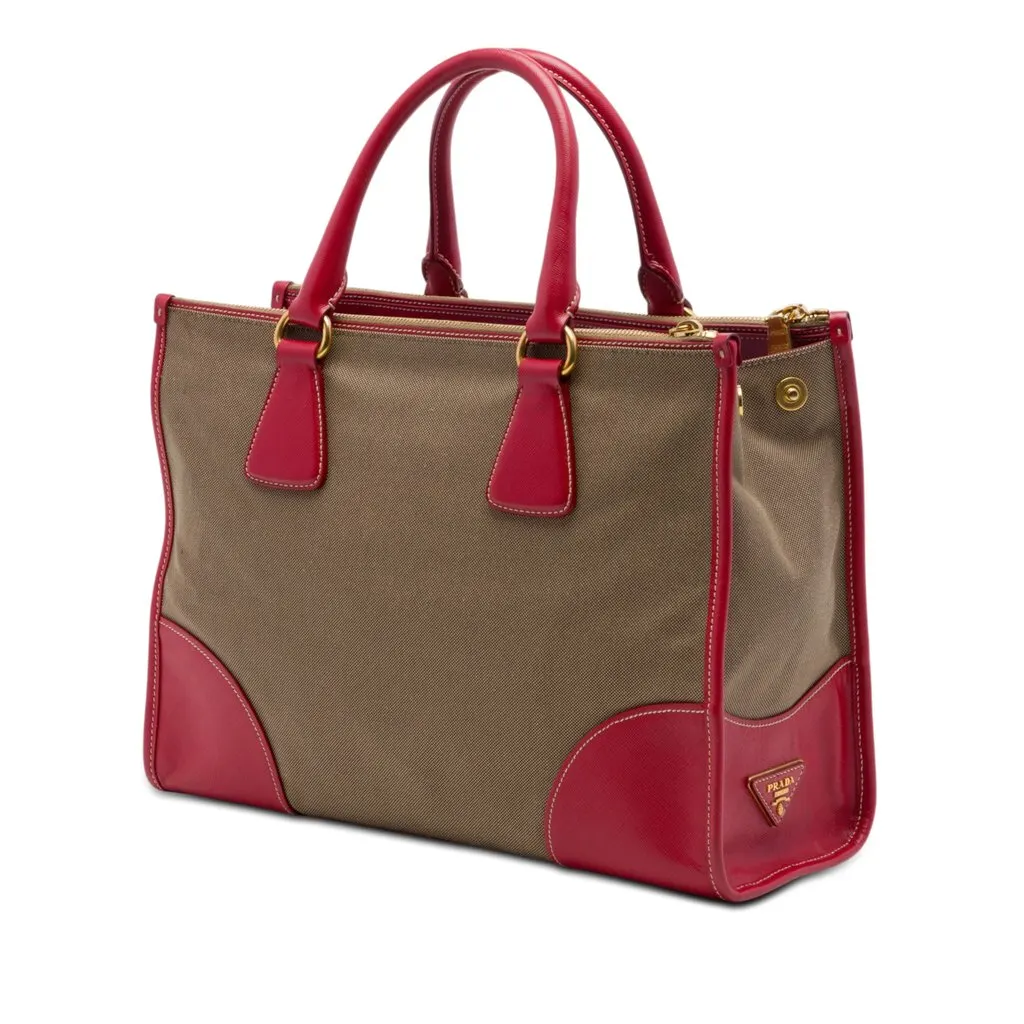 Prada Saffiano Trimmed Canvas Canapa Logo Double Zip Satchel Brown Very good - Back View