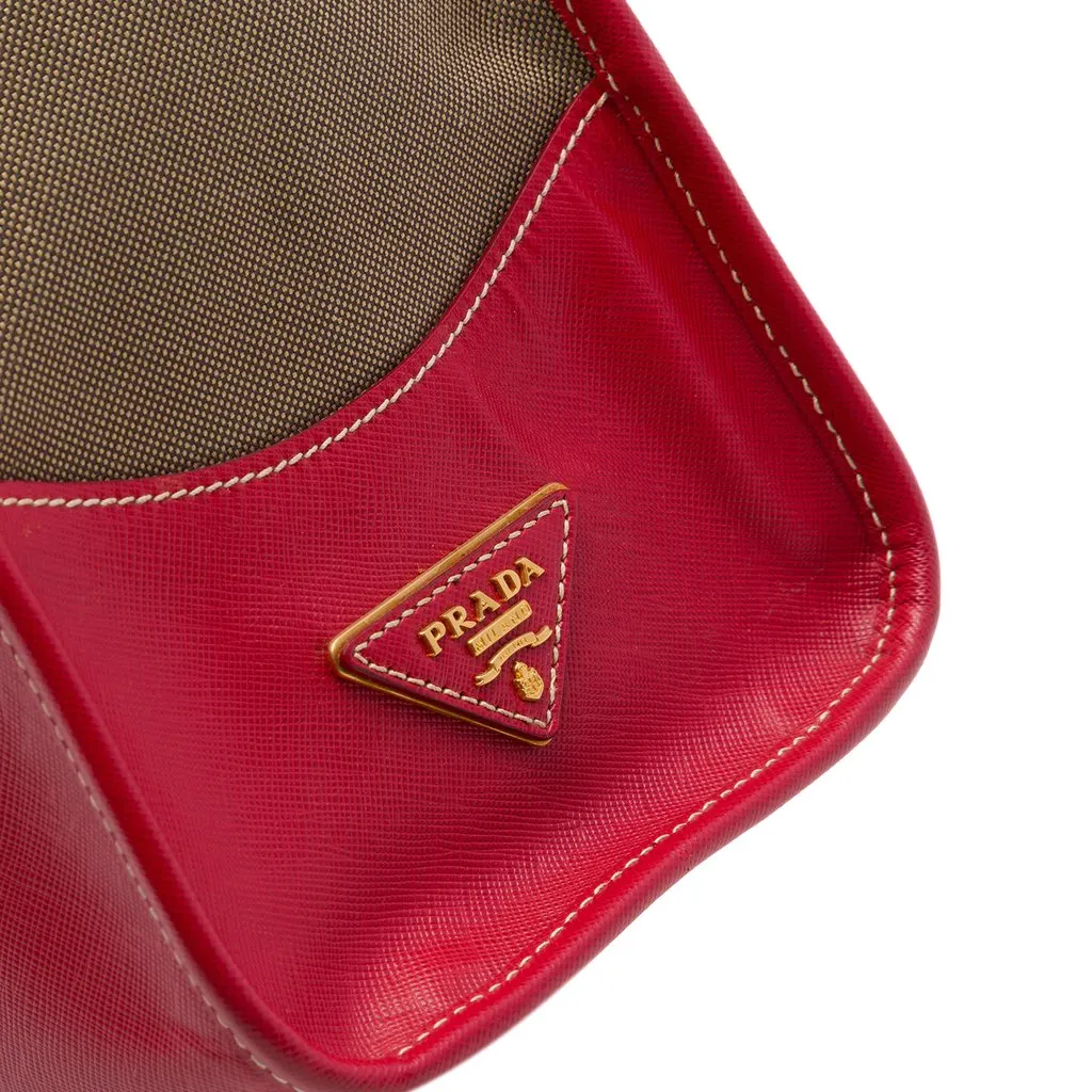 Prada Saffiano Trimmed Canvas Canapa Logo Double Zip Satchel Brown Very good - Box View