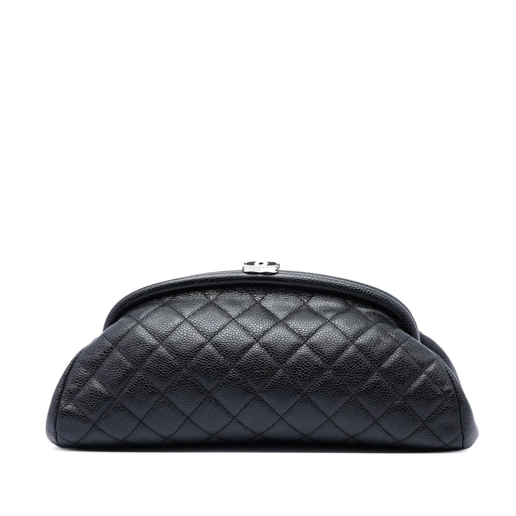 Chanel Quilted Caviar Timeless Kisslock Clutch Black Leather Very good - Front View