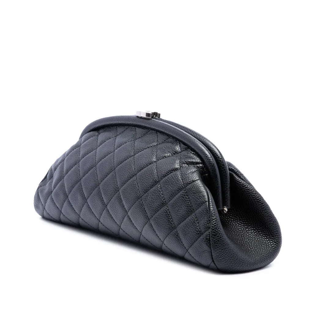Chanel Quilted Caviar Timeless Kisslock Clutch Black Leather Very good - Back View