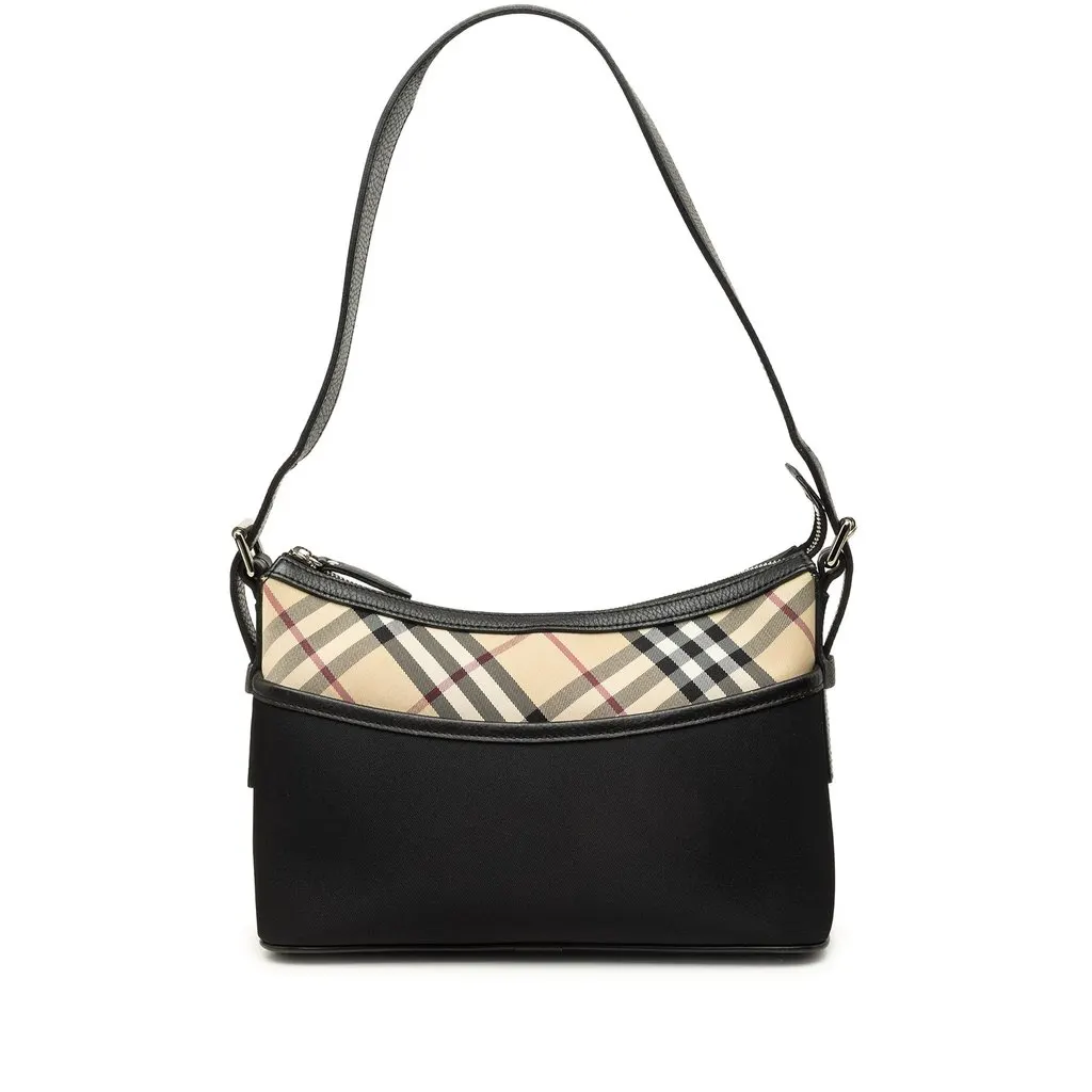 Burberry Nova Check Canvas Trimmed Nylon Shoulder Bag Black Polyamide Good - Front View