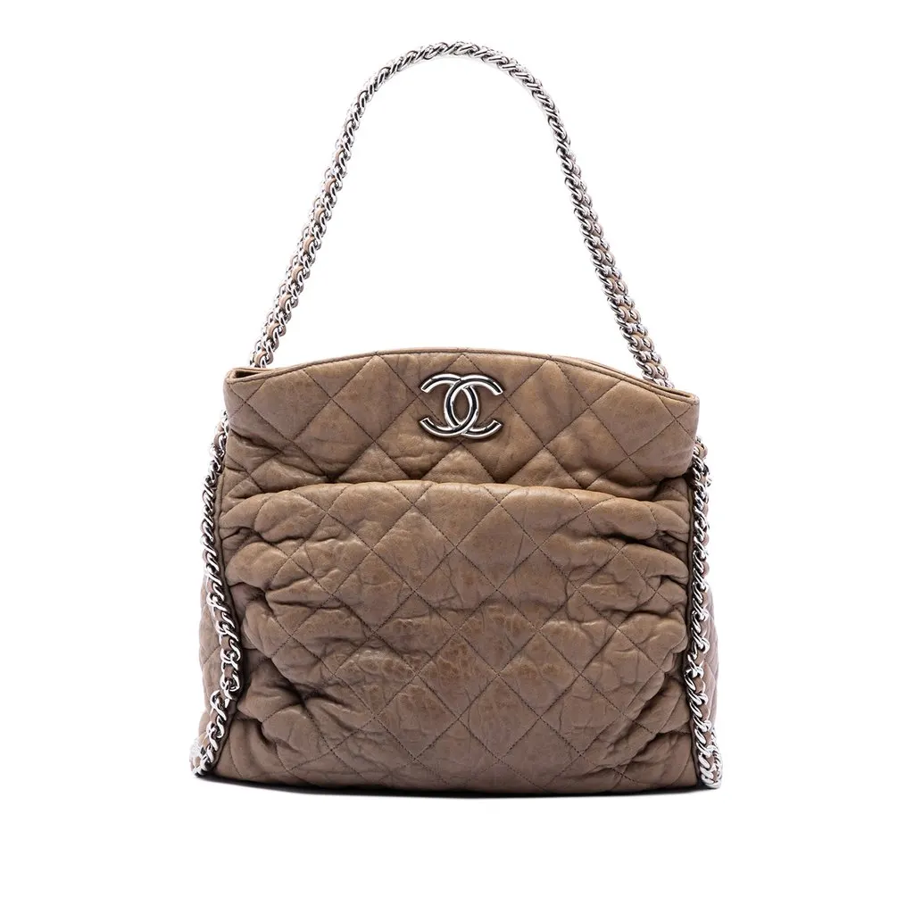 Chanel Quilted Washed Lambskin Chain Around Hobo Brown Leather Very good - Front View