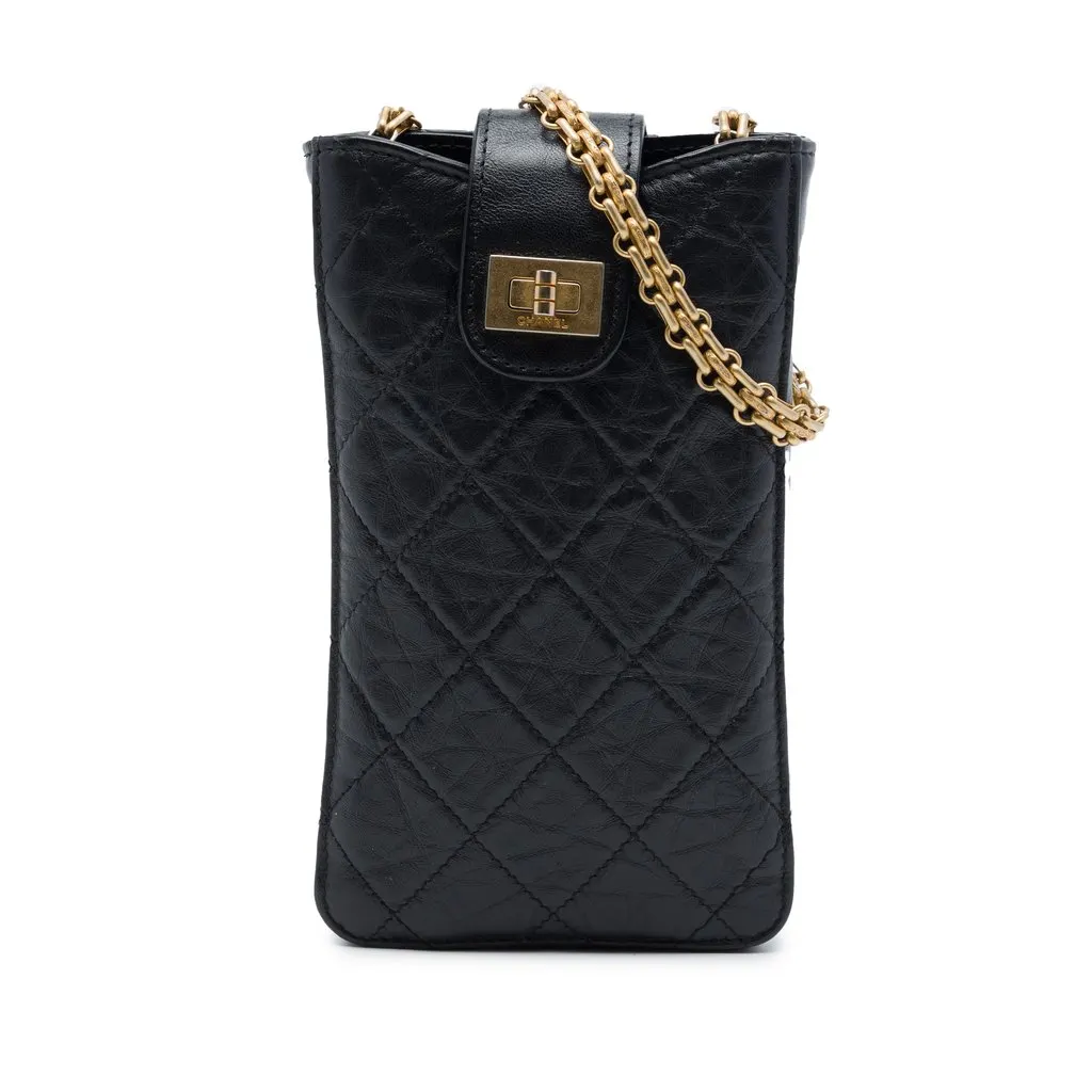 Chanel Quilted Aged Calfskin Reissue 2.55 Phone Holder With Chain Black Leather Very good - Front View
