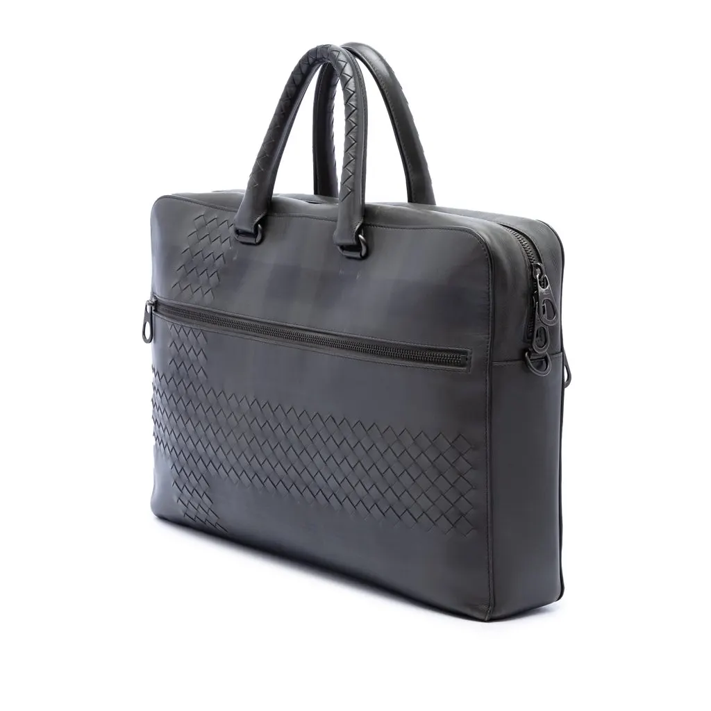 Bottega Veneta Intrecciato Trimmed Nappa Business Bag Grey Leather Good - Back View