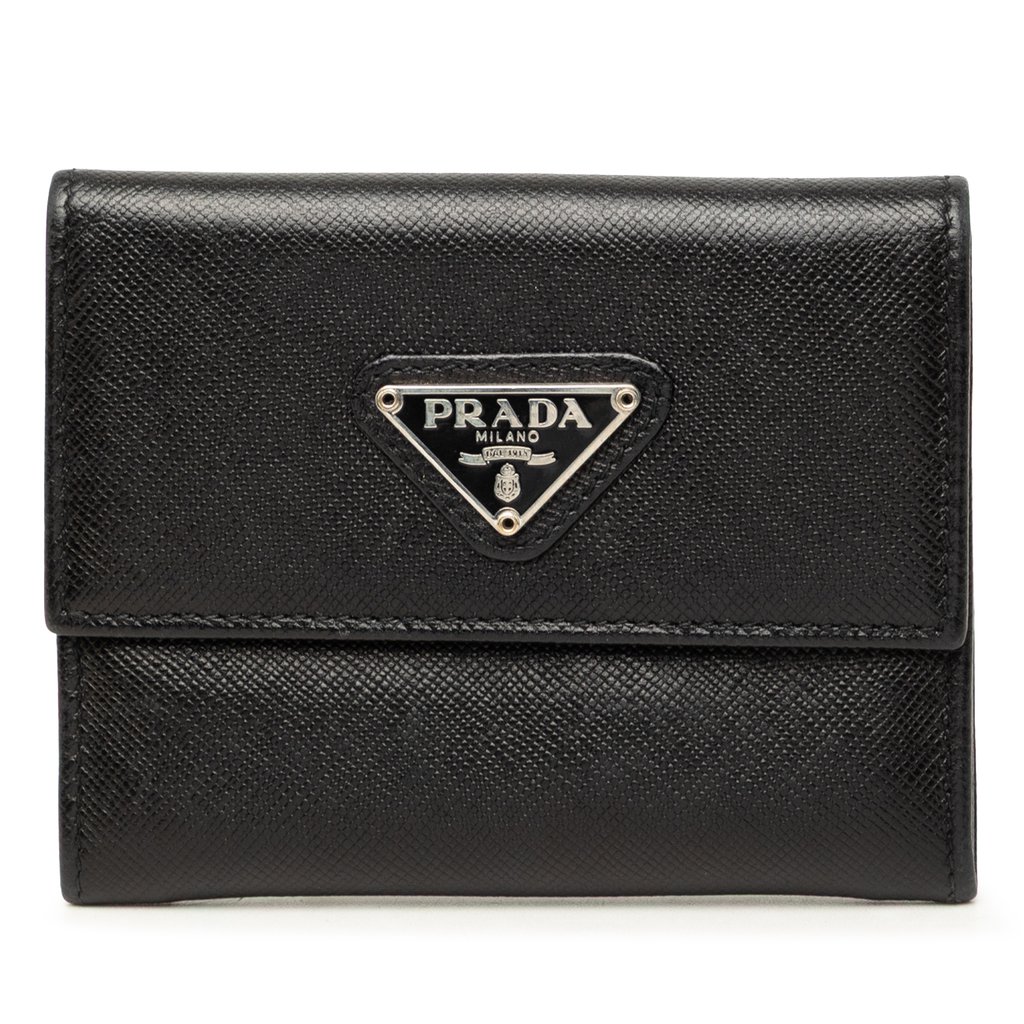 Prada Vitello Move Nero Black Trifold ID Holder Snap Wallet