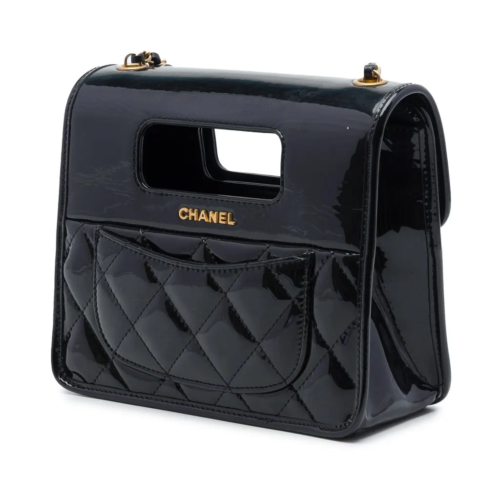 Chanel Mini Quilted Patent Graphic Catch Flap Black Leather Very good - Back View