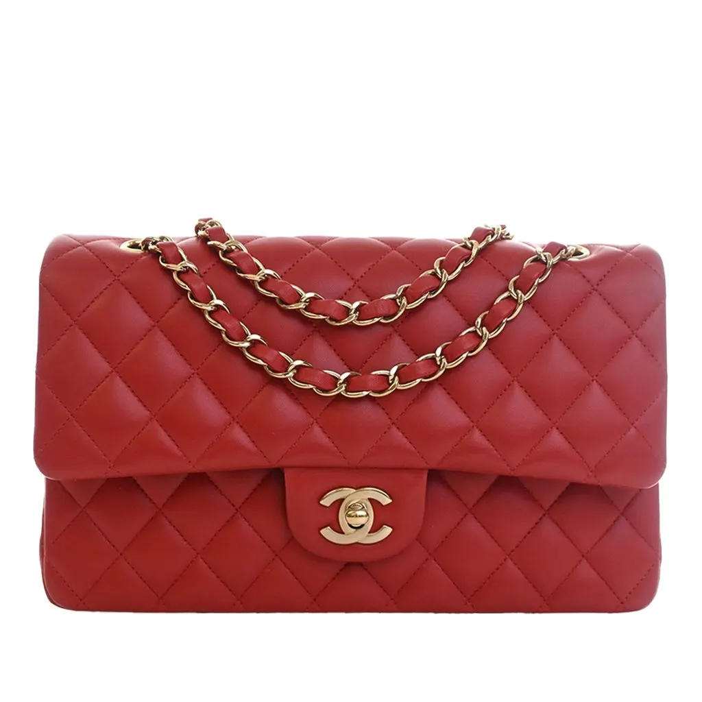 Chanel Medium Classic Lambskin Double Flap Red Leather Very good - Front View