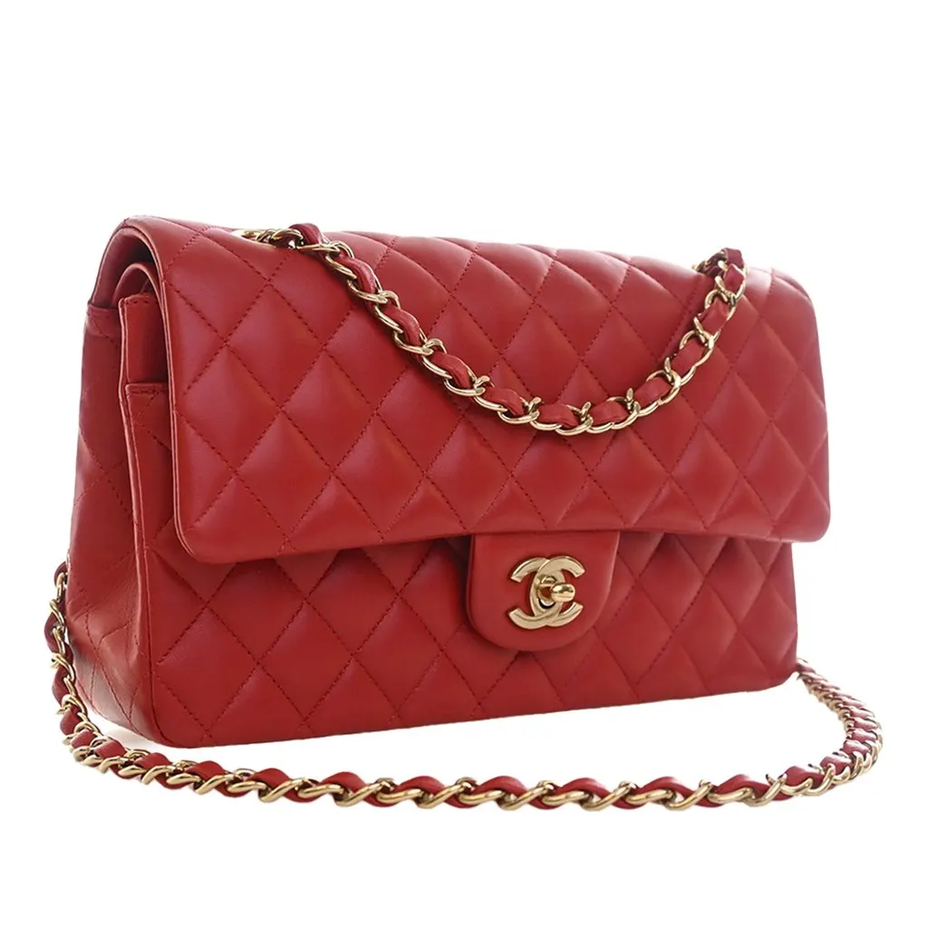 Chanel Medium Classic Lambskin Double Flap Red Leather Very good - Back View