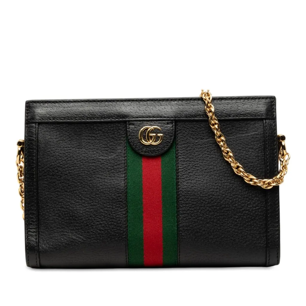 Gucci Small Calfskin Web Ophidia Chain Crossbody Black Leather Very good - Front View