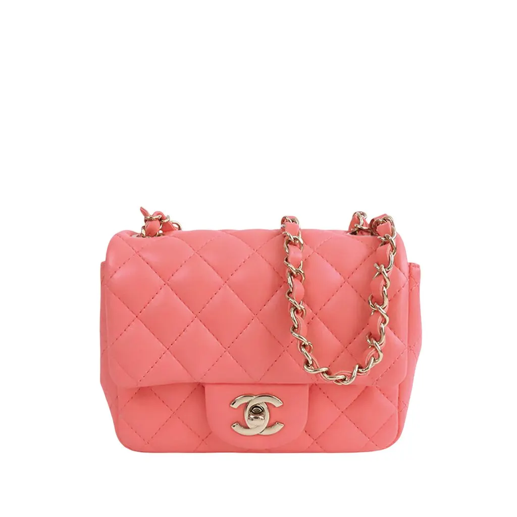 Chanel Mini Square Classic Lambskin Single Flap Pink Leather Very good - Front View