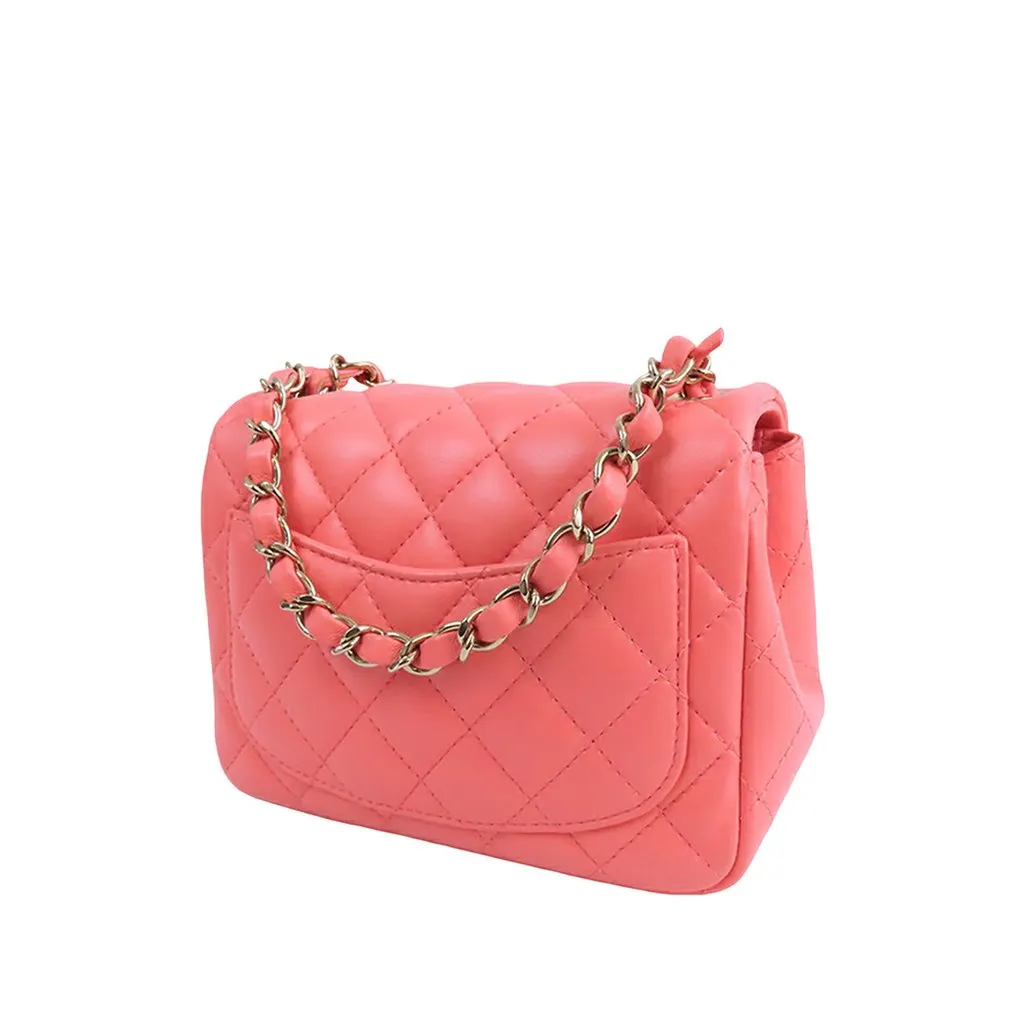 Chanel Mini Square Classic Lambskin Single Flap Pink Leather Very good - Back View
