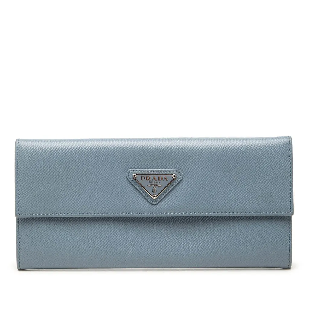 Prada Saffiano Continental Long Wallet Blue Leather Very good - Front View