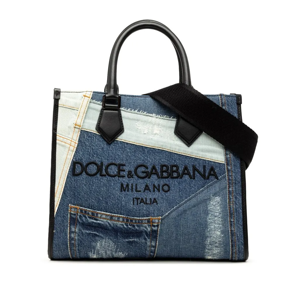 Dolce & Gabbana Denim Patchwork Logo Shopper Tote Blue Very good - Front View