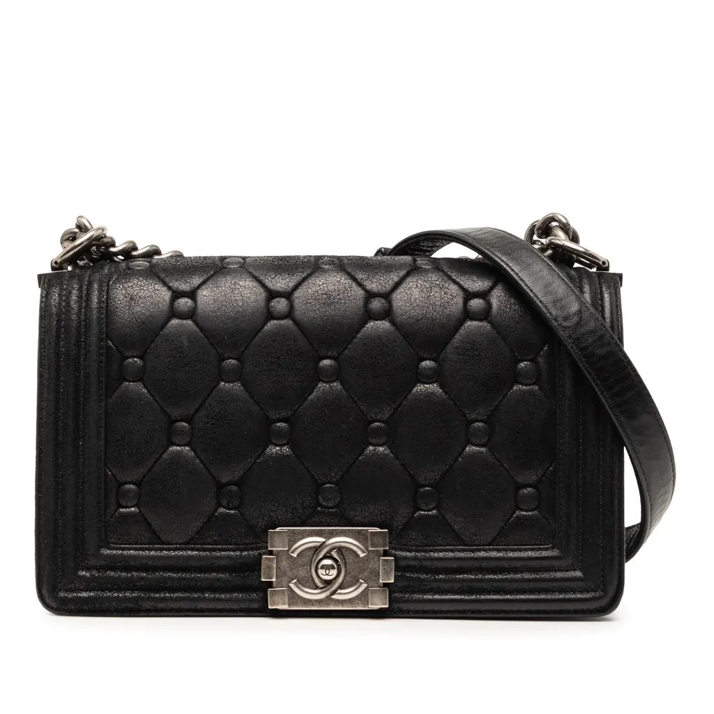 Chanel Old Medium Quilted Suede Chesterfield Boy Flap Black Leather Very good - Front View