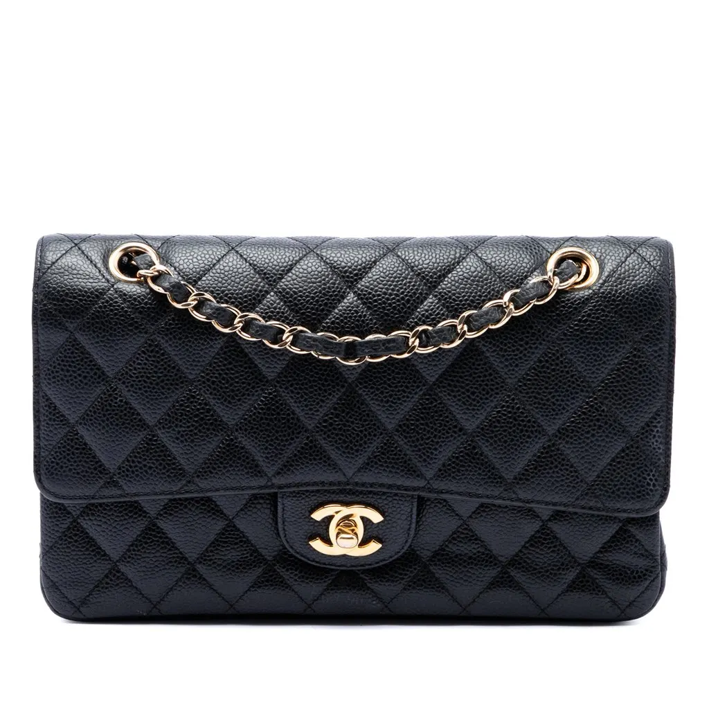 Chanel Medium Classic Caviar Double Flap Black Leather Very good - Front View