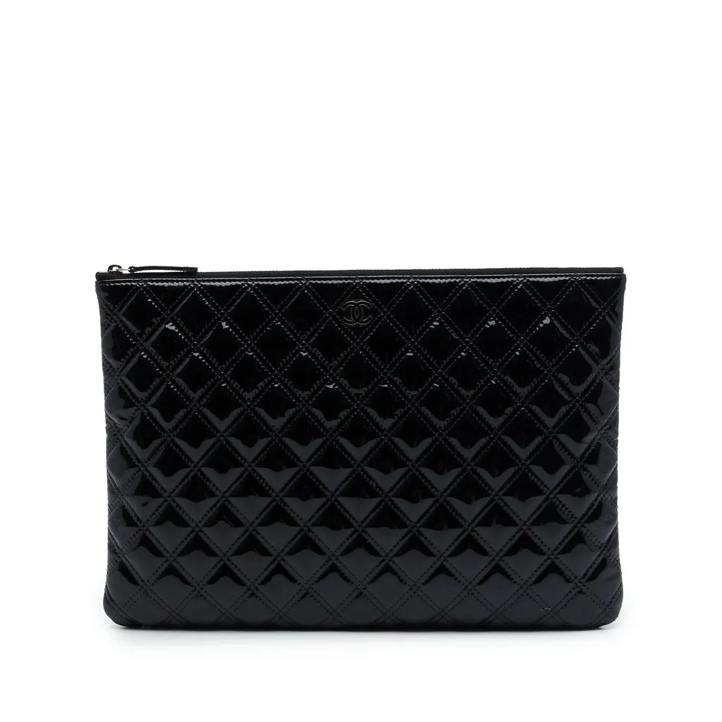 Chanel Large Quilted Patent Double Stitch O Case Clutch Black Leather Very good - Front View