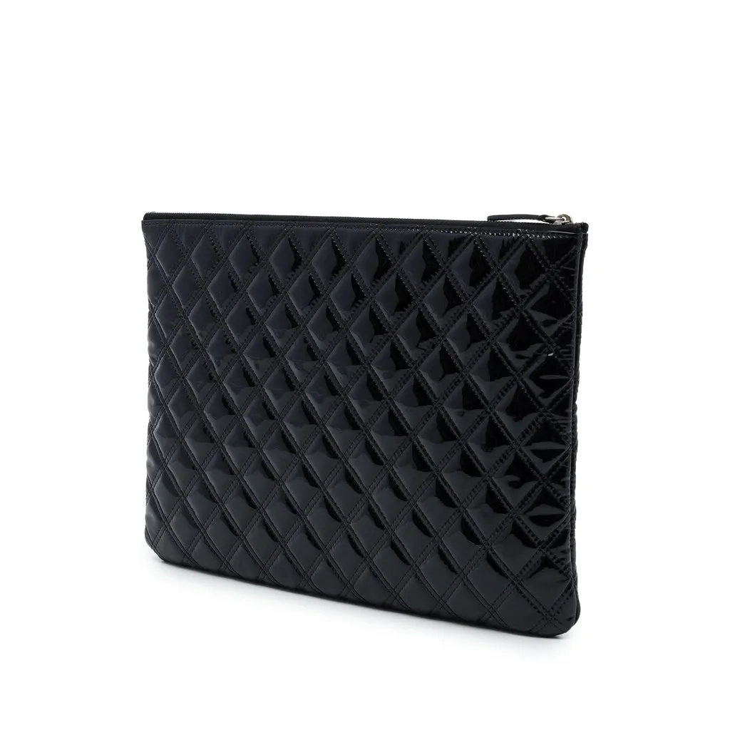 Chanel Large Quilted Patent Double Stitch O Case Clutch Black Leather Very good - Back View