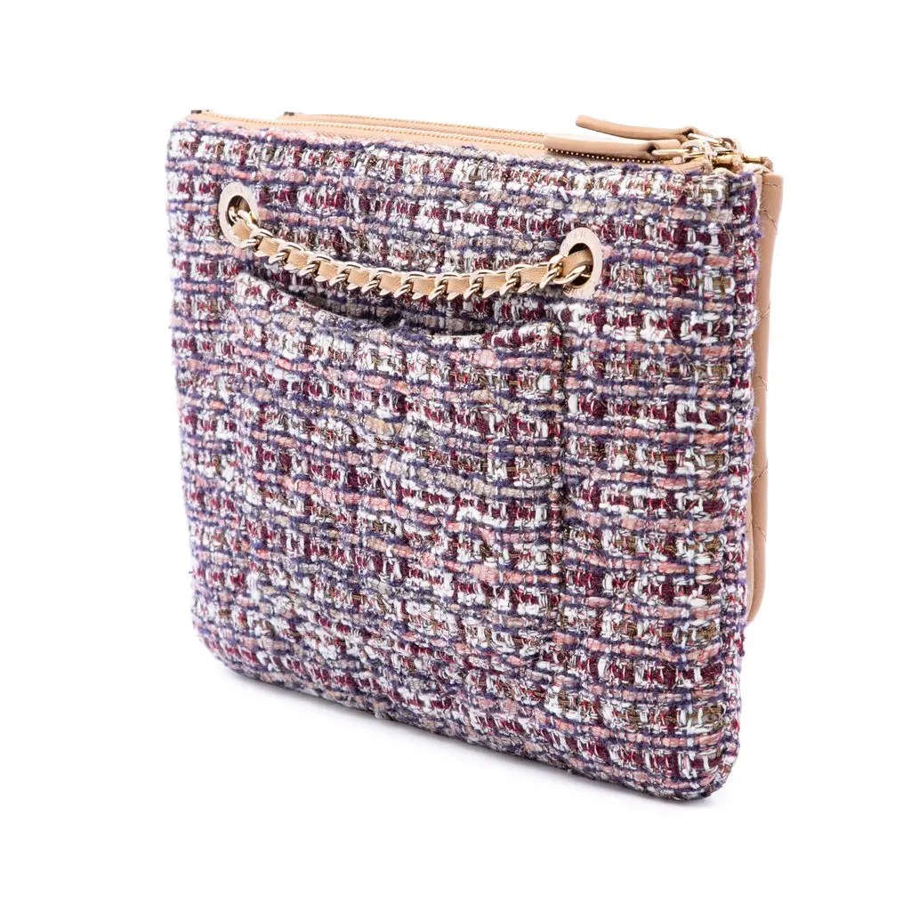 Chanel Quilted Lambskin and Tweed Double Case with Chain Brown Leather Good - Back View