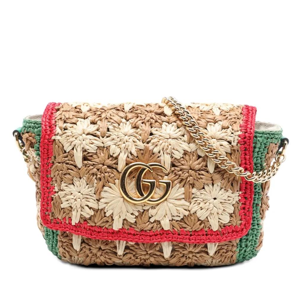 Gucci Small GG Marmont Raffia Crossbody Beige Very good - Front View
