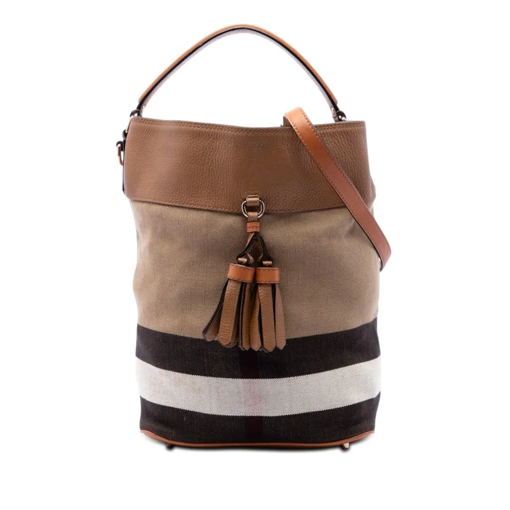Burberry Medium Mega Check Canvas and Grained Calfskin Ashby Tassel Bucket Bag Brown Good - Front View