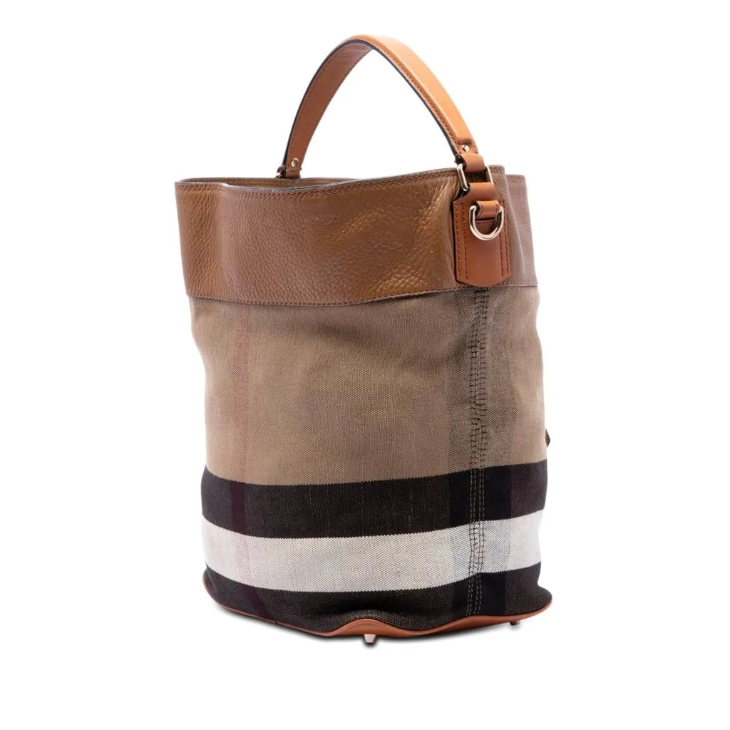 Burberry Medium Mega Check Canvas and Grained Calfskin Ashby Tassel Bucket Bag Brown Good - Back View