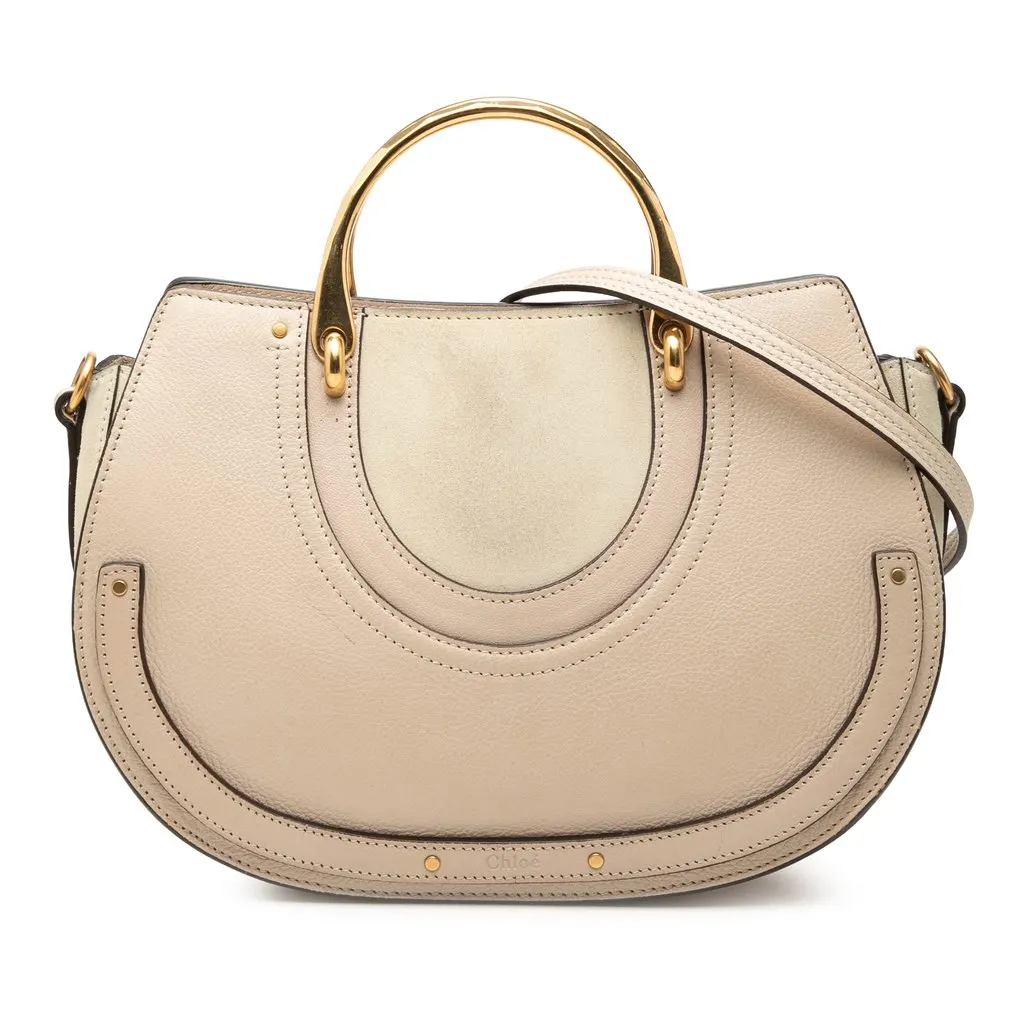 Chloé Medium Calfskin Suede Pixie Signature Satchel Beige Leather Very good - Front View
