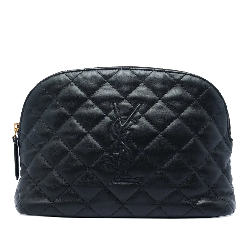 Saint Laurent Quilted Lambskin Cassandre Cosmetic Pouch Black Leather Very good - Front View