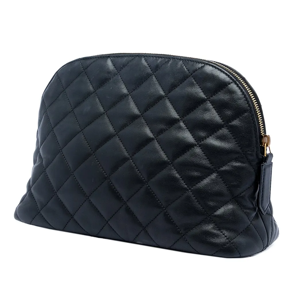 Saint Laurent Quilted Lambskin Cassandre Cosmetic Pouch Black Leather Very good - Back View