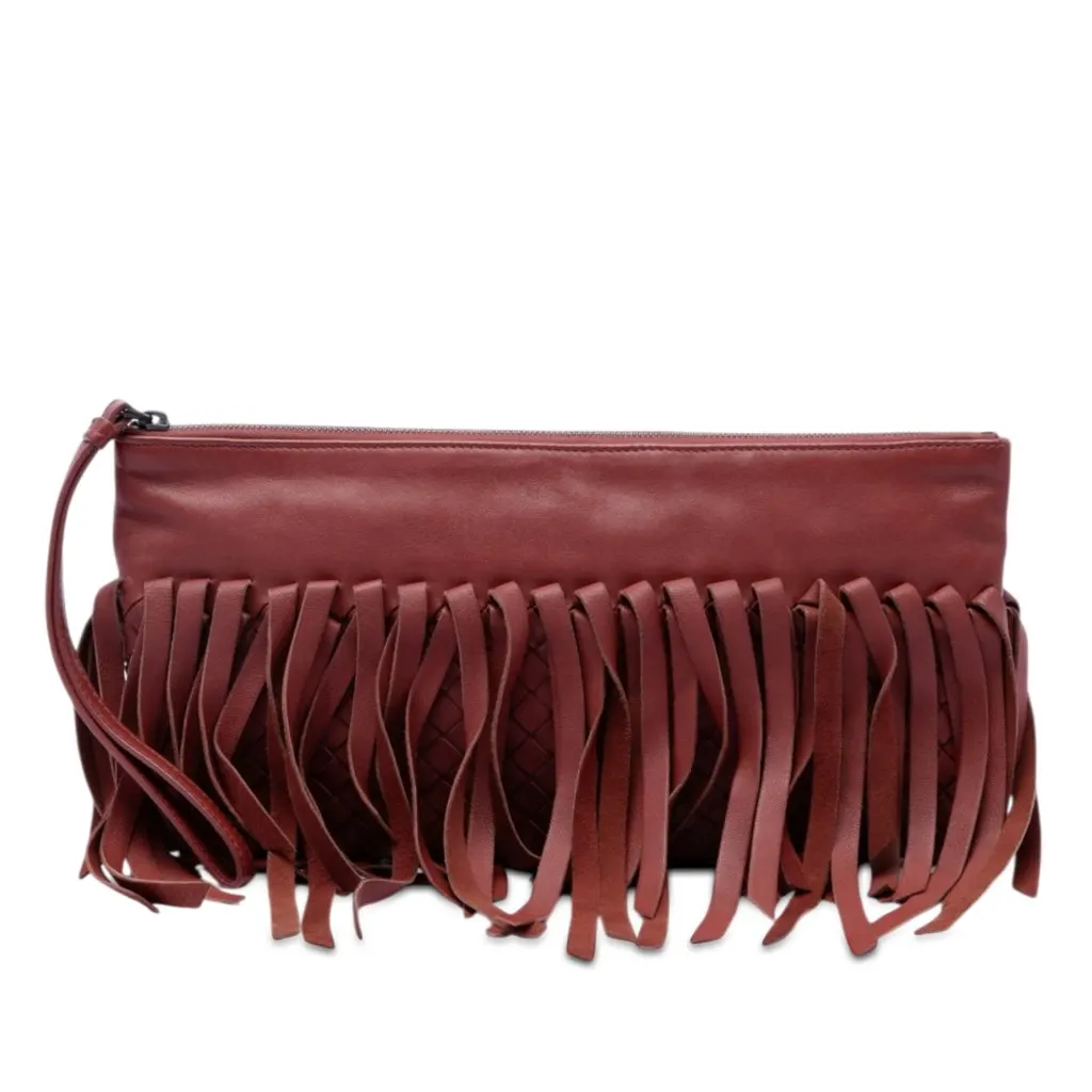 Bottega Veneta Lambskin Intrecciato Fringe Clutch Red Leather Very good - Front View