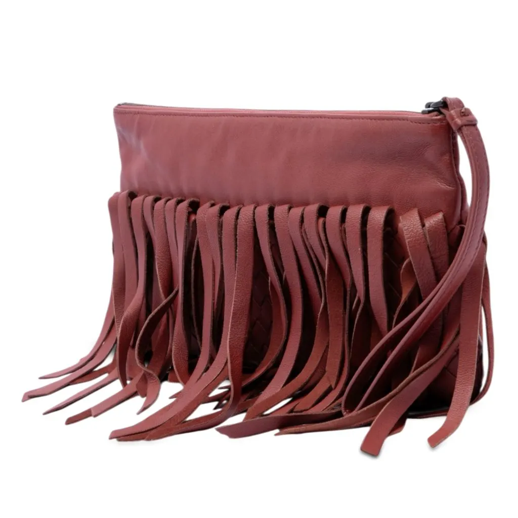 Bottega Veneta Lambskin Intrecciato Fringe Clutch Red Leather Very good - Back View